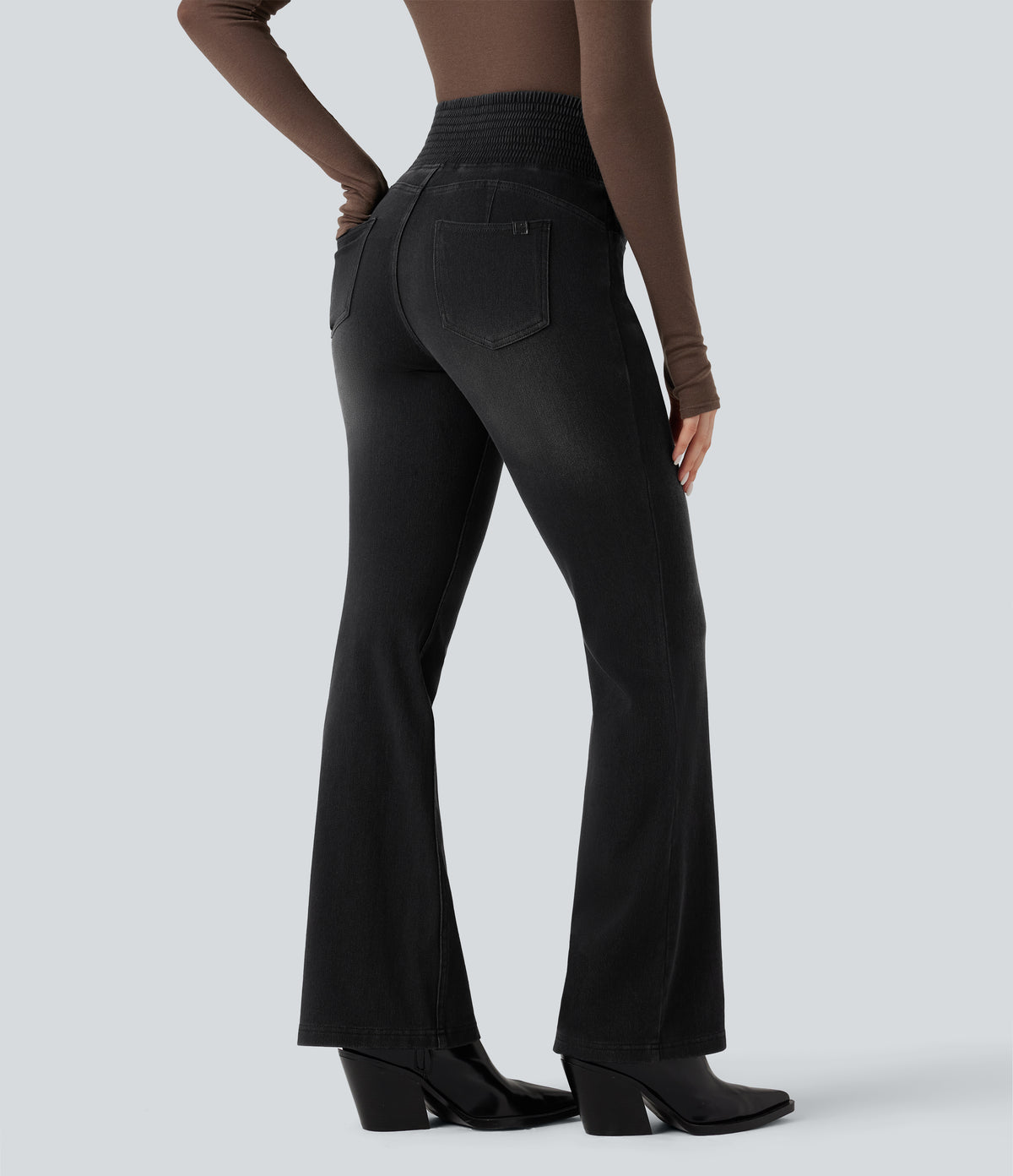 High Waisted Shirred Casual Flared Jeans with Pockets — Phantom Denim — view 1