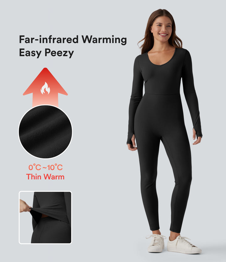 HeatCore V-neck Long Sleeve Thumb Holes Skinny Casual Warming Jumpsuit — Black — view 1