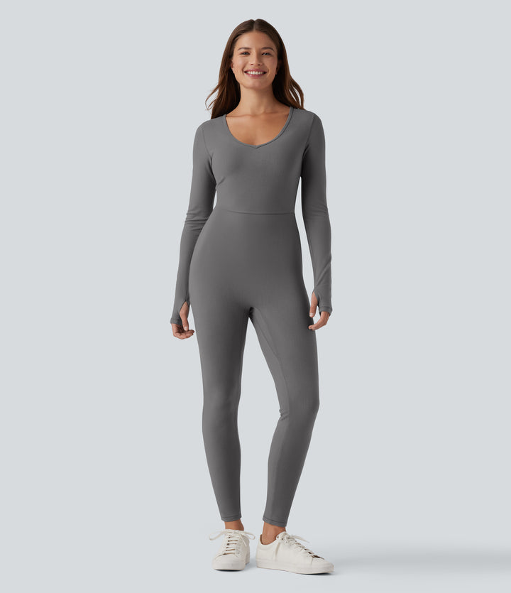 HeatCore V-neck Long Sleeve Thumb Holes Skinny Casual Warming Jumpsuit — Steel Gray — view 8