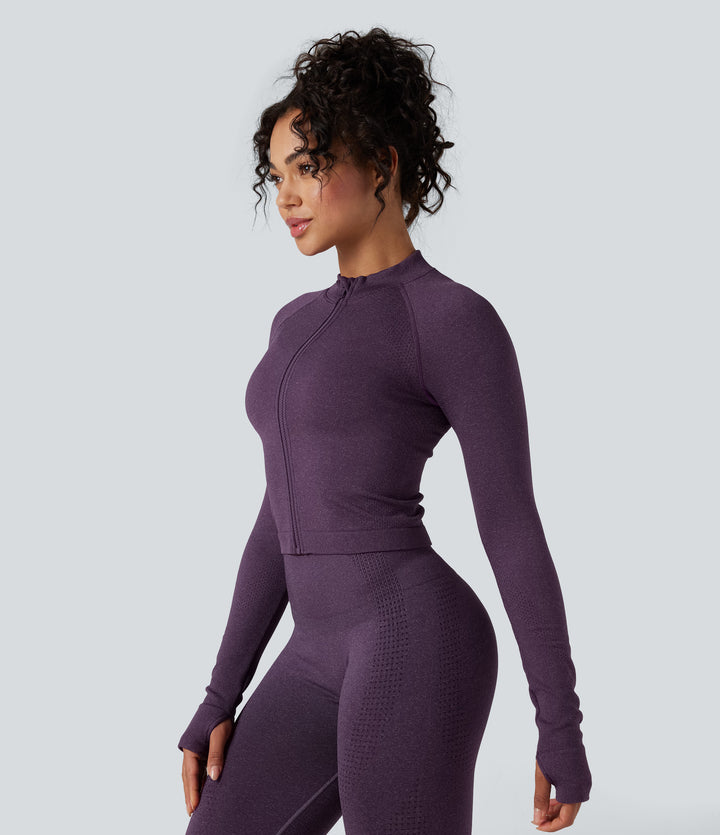 Seamless Flow Stand Collar Long Sleeve Thumb Holes Slim Cropped Yoga Jacket — Deep Purple — view 1