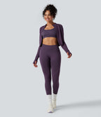 Seamless Flow Stand Collar Long Sleeve Thumb Holes Slim Cropped Yoga Jacket — Deep Purple — view 7