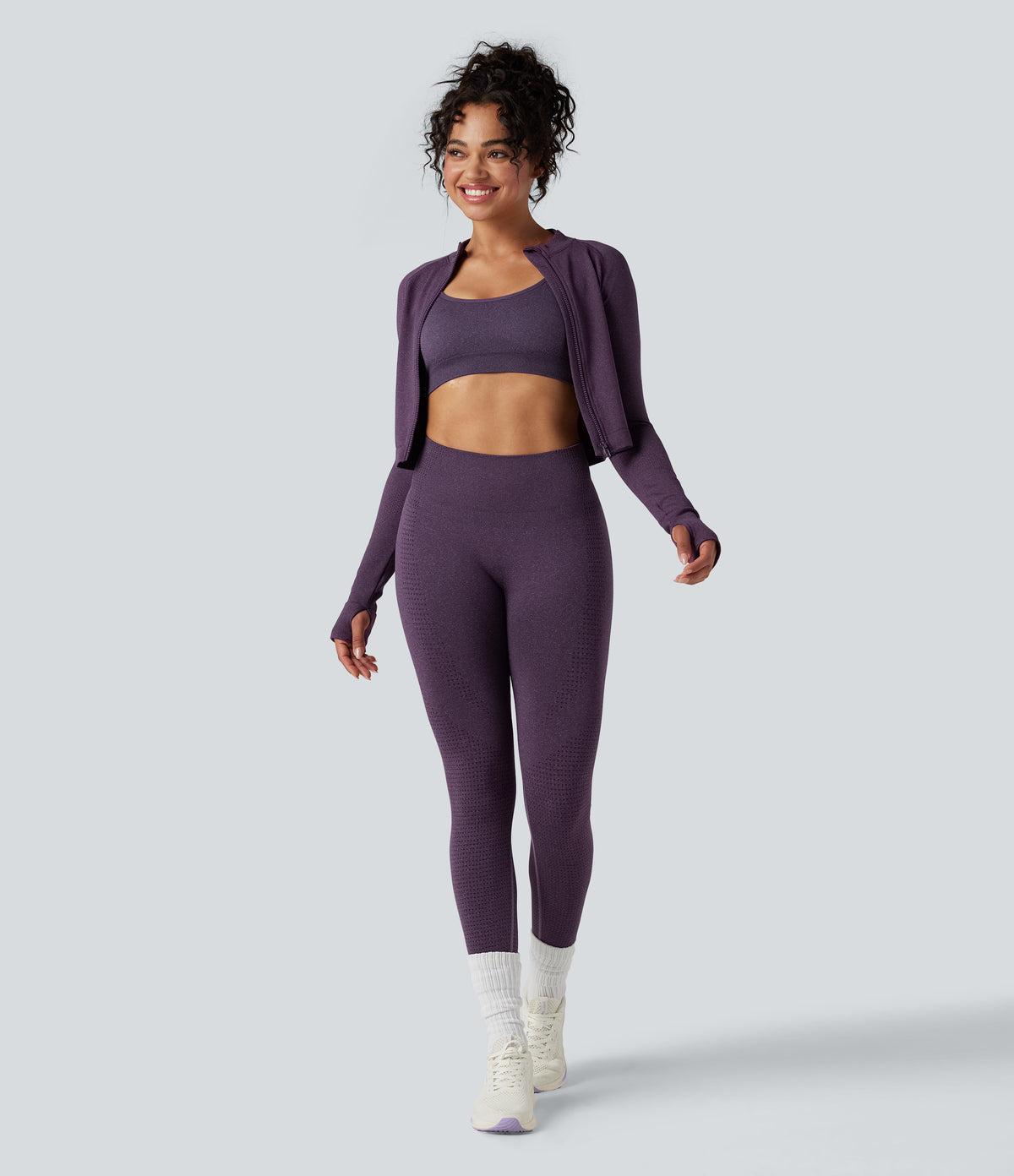 Seamless Flow Stand Collar Long Sleeve Thumb Holes Slim Cropped Yoga Jacket — Deep Purple — view 7