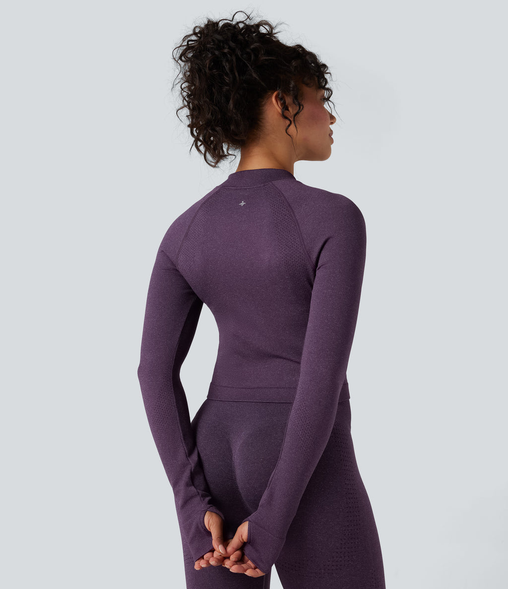 Seamless Flow Stand Collar Long Sleeve Thumb Holes Slim Cropped Yoga Jacket — Deep Purple — view 2
