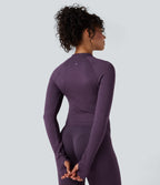 Seamless Flow Stand Collar Long Sleeve Thumb Holes Slim Cropped Yoga Jacket — Deep Purple — view 2