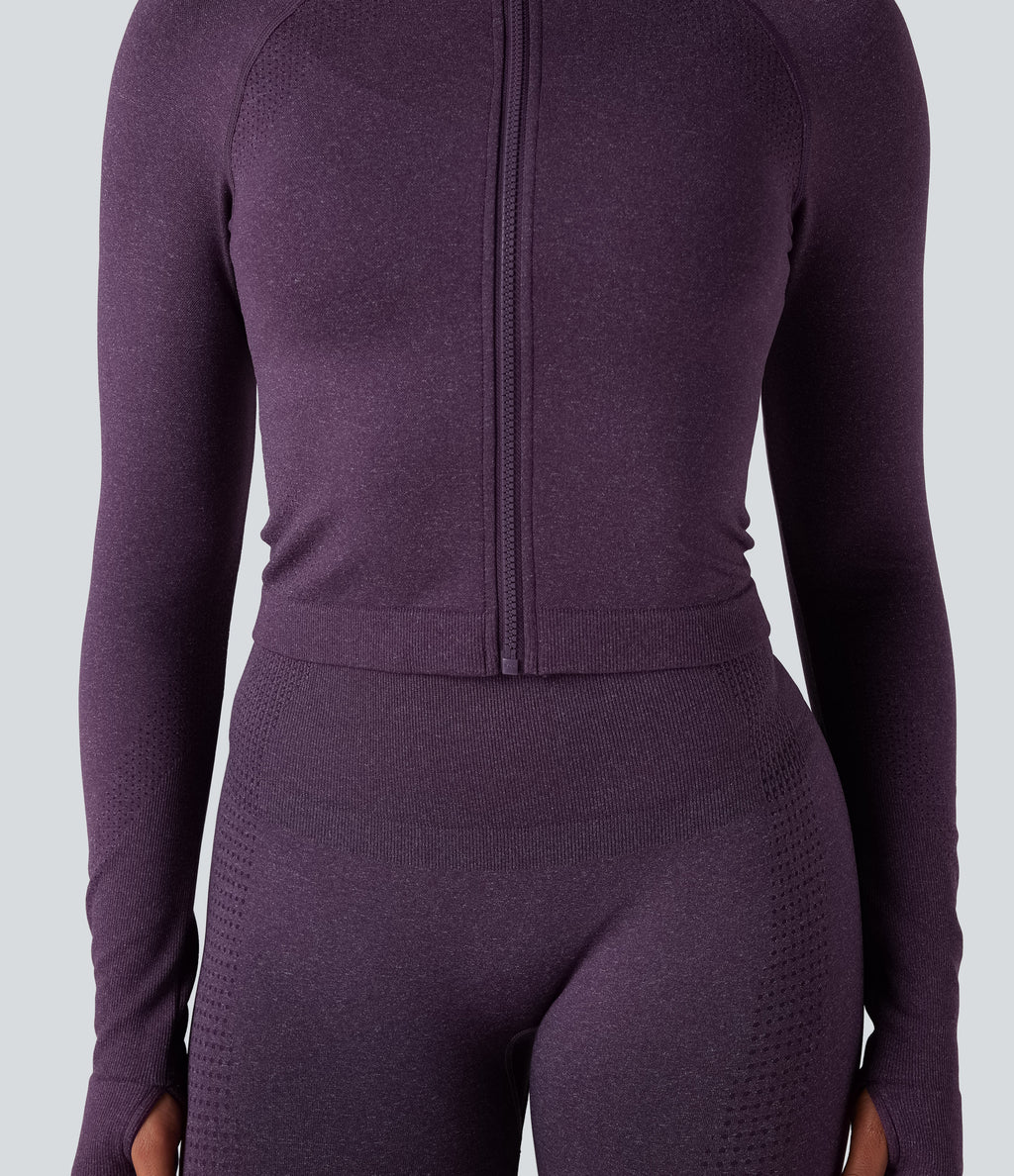 Seamless Flow Stand Collar Long Sleeve Thumb Holes Slim Cropped Yoga Jacket — Deep Purple — view 5