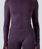 Seamless Flow Stand Collar Long Sleeve Thumb Holes Slim Cropped Yoga Jacket — Deep Purple — view 5