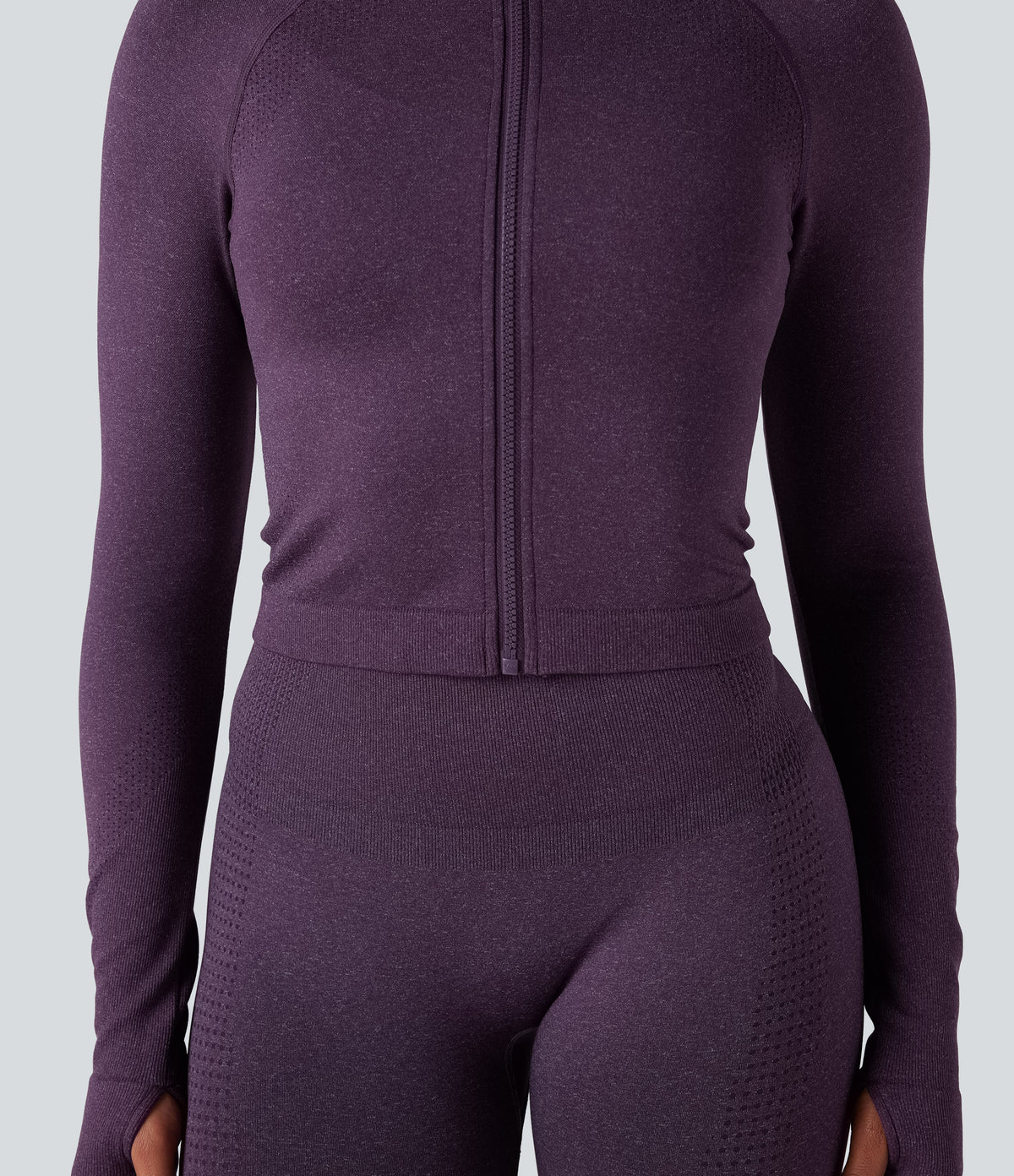 Seamless Flow Stand Collar Long Sleeve Thumb Holes Slim Cropped Yoga Jacket — Deep Purple — view 5