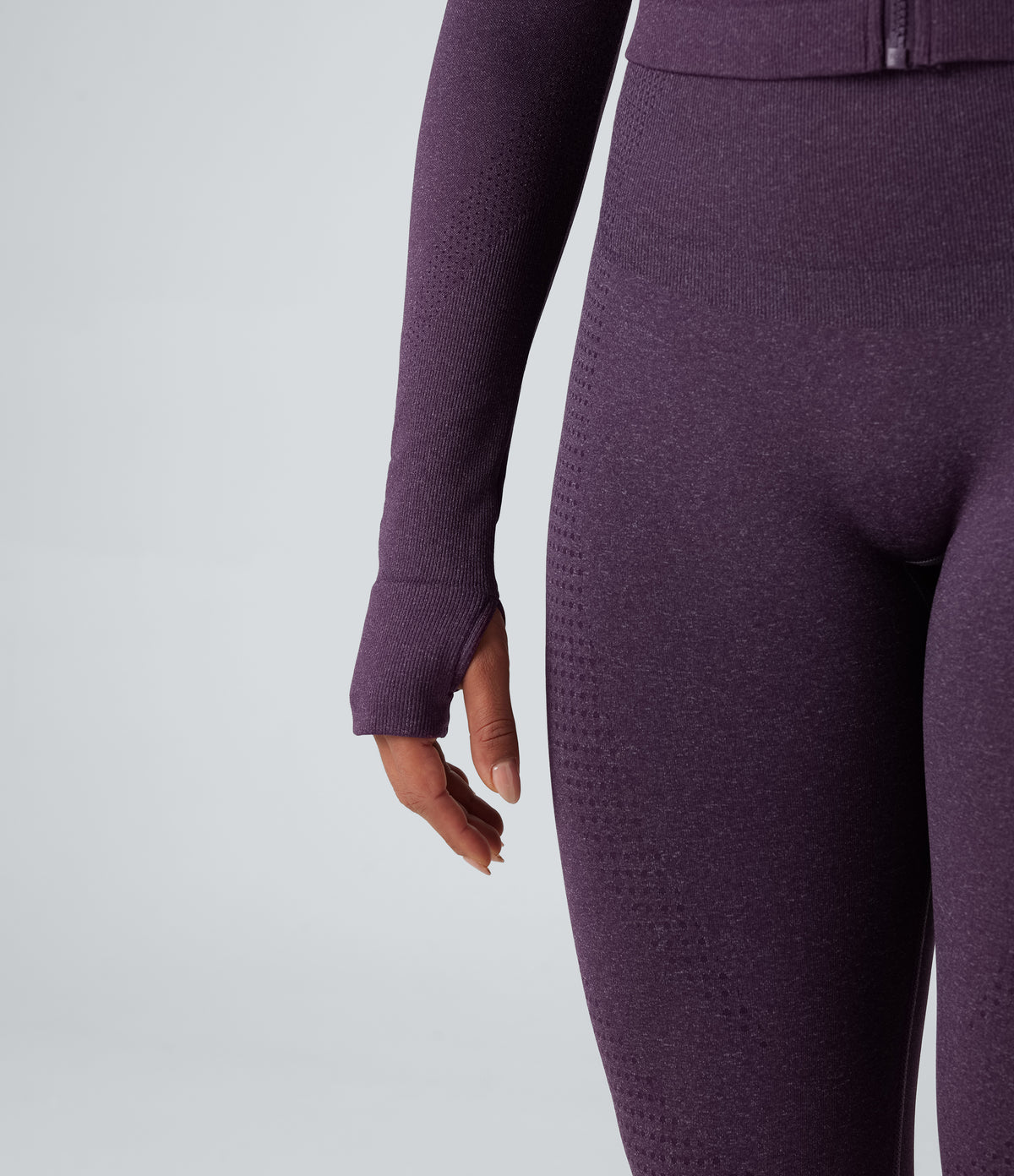 Seamless Flow Stand Collar Long Sleeve Thumb Holes Slim Cropped Yoga Jacket — Deep Purple — view 6
