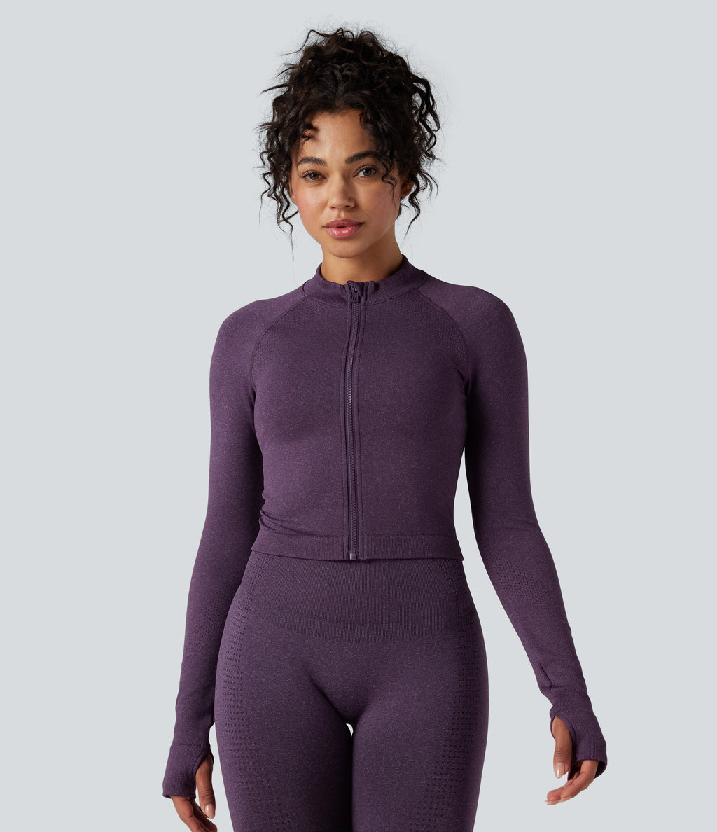 Seamless Flow Stand Collar Long Sleeve Thumb Holes Slim Cropped Yoga Jacket — Deep Purple — view 3