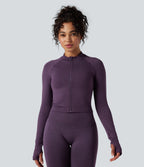 Seamless Flow Stand Collar Long Sleeve Thumb Holes Slim Cropped Yoga Jacket — Deep Purple — view 3
