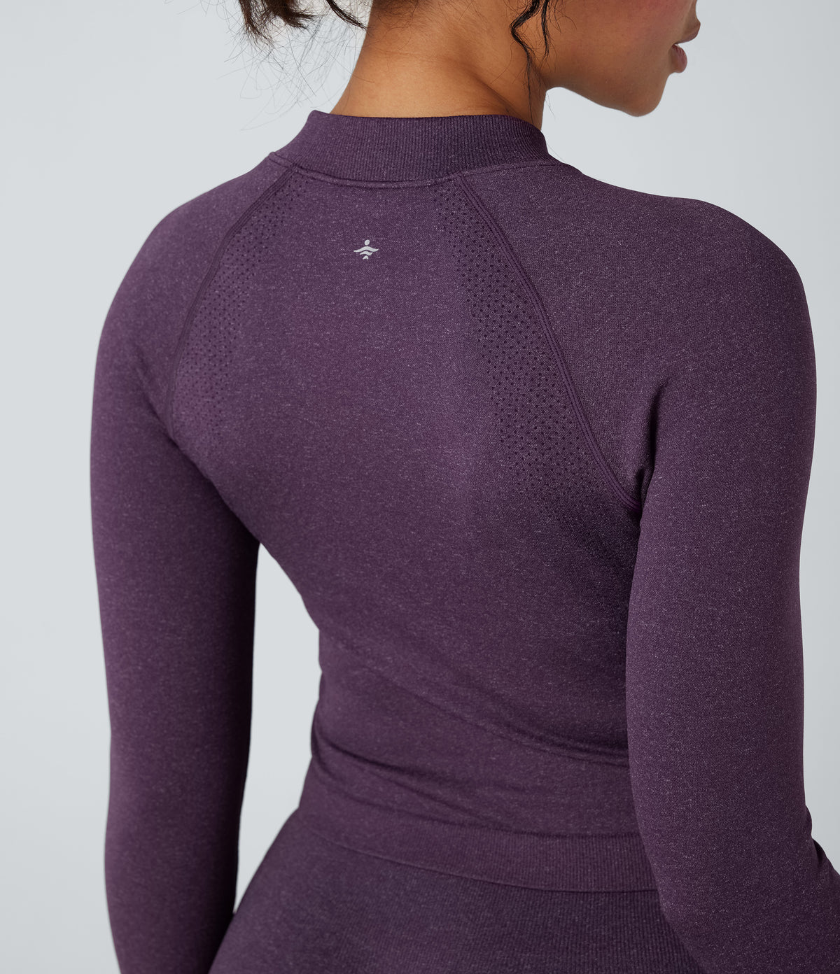 Seamless Flow Stand Collar Long Sleeve Thumb Holes Slim Cropped Yoga Jacket — Deep Purple — view 4