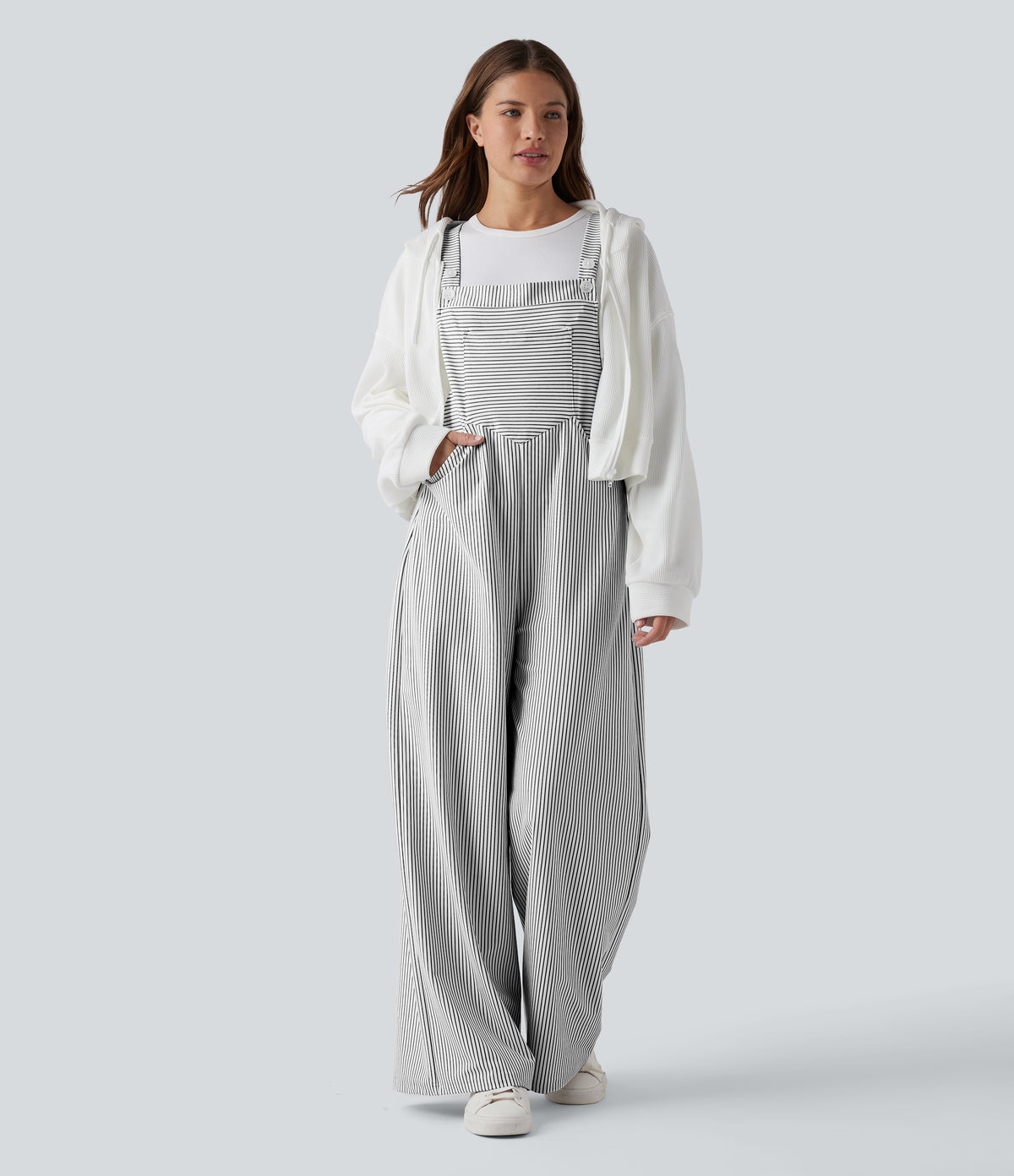 Adjustable Straps Stripes Wide Leg Casual Dungarees with Pockets — Zebra Ripple — view 1