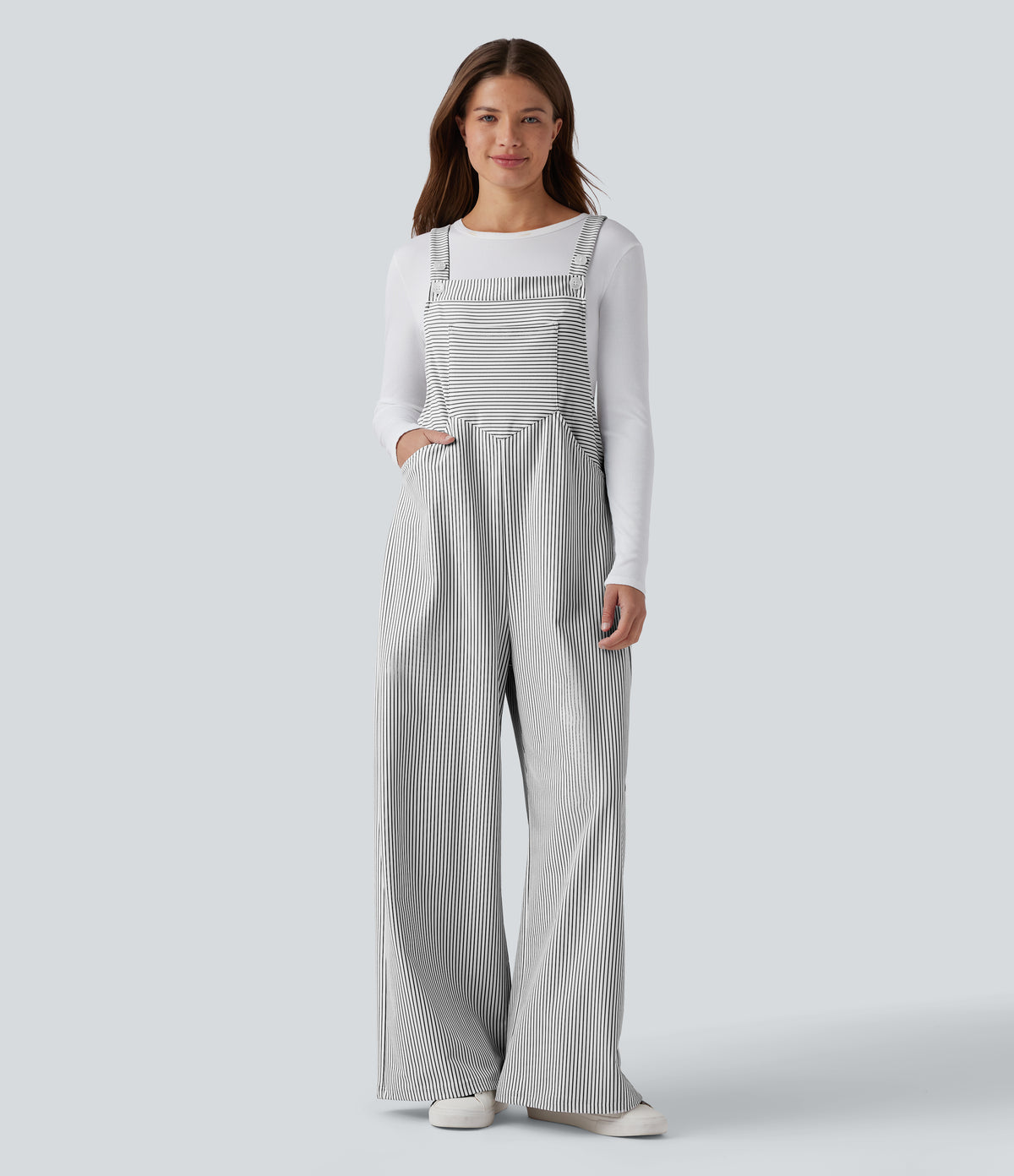 Adjustable Straps Stripes Wide Leg Casual Dungarees with Pockets — Zebra Ripple — view 2