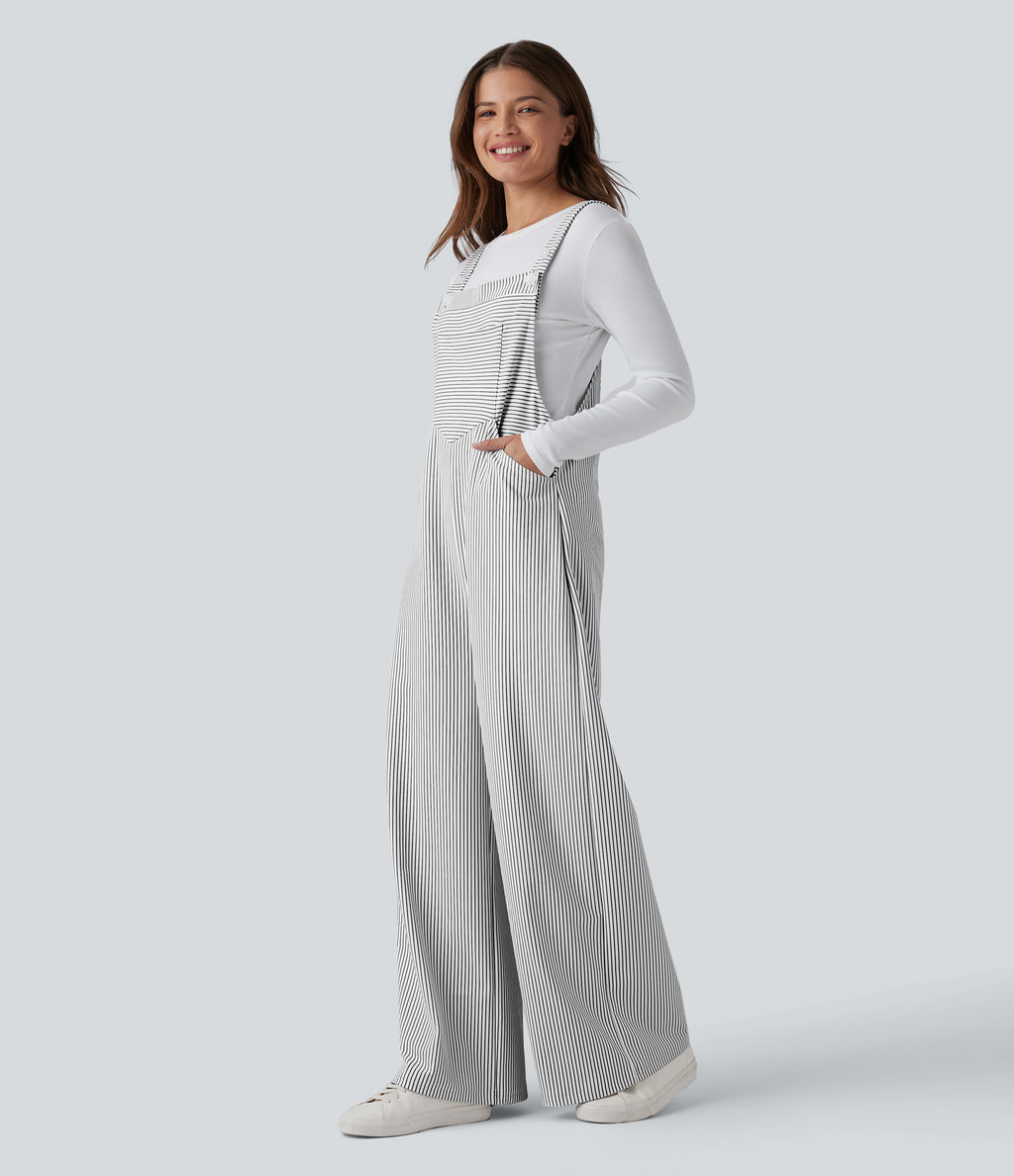 Adjustable Straps Stripes Wide Leg Casual Dungarees with Pockets — Zebra Ripple — view 4