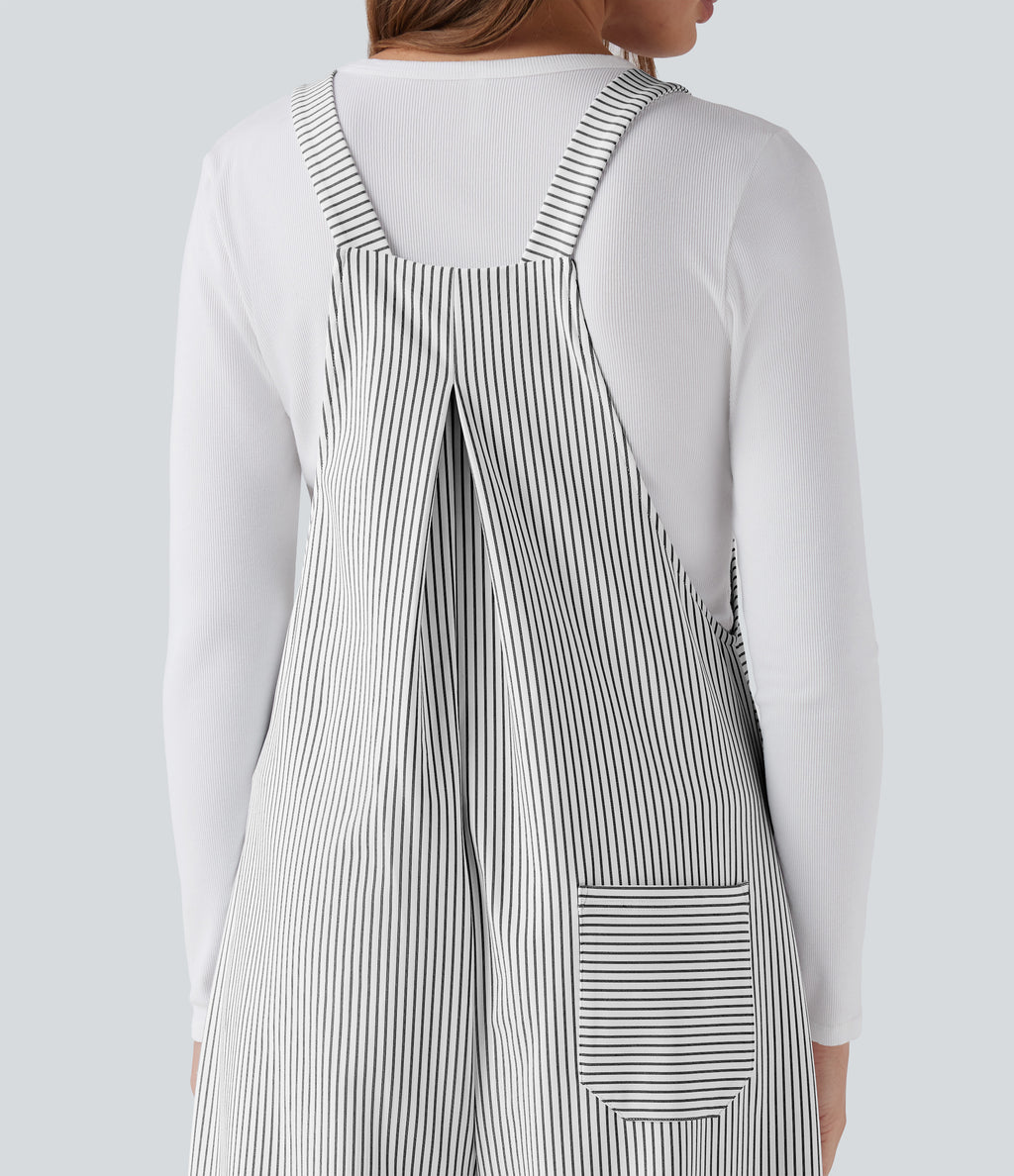 Adjustable Straps Stripes Wide Leg Casual Dungarees with Pockets — Zebra Ripple — view 6
