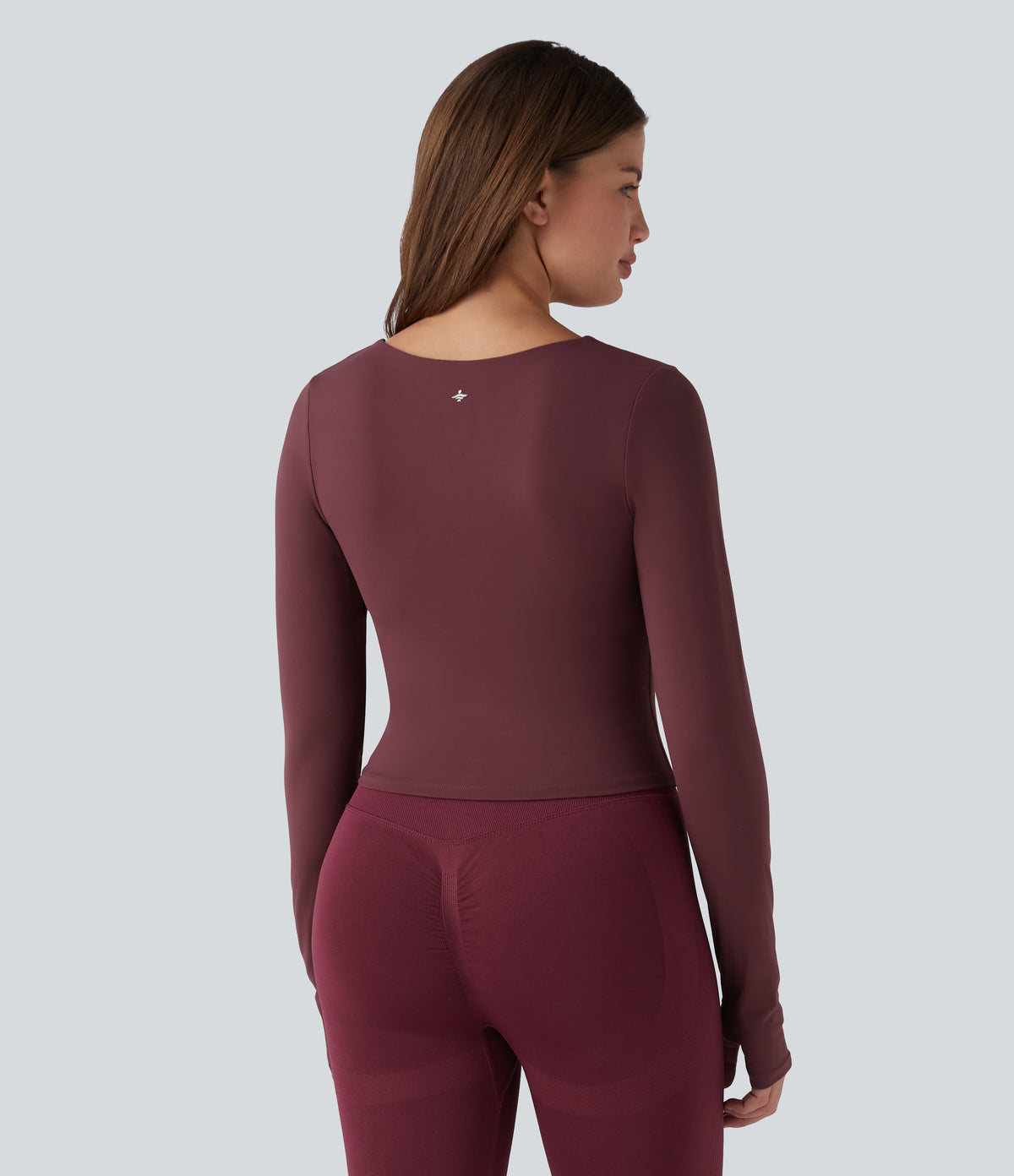 Plush Scoop Neck Push-Up Long Sleeve Thumb Hole Yoga Sports Top with Pockets — Red Mahogany — view 2