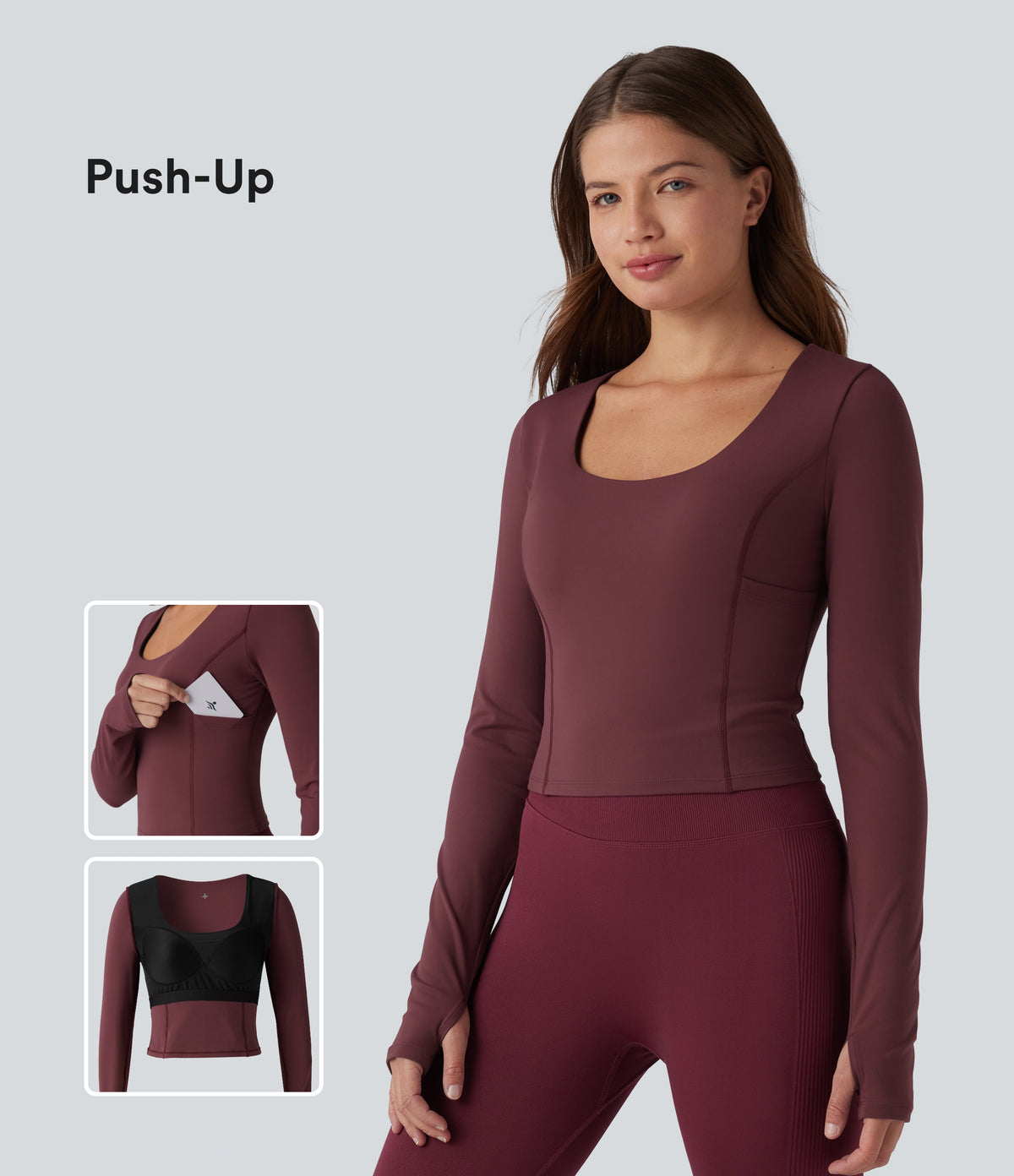Plush Scoop Neck Push-Up Long Sleeve Thumb Hole Yoga Sports Top with Pockets — Red Mahogany — view 1