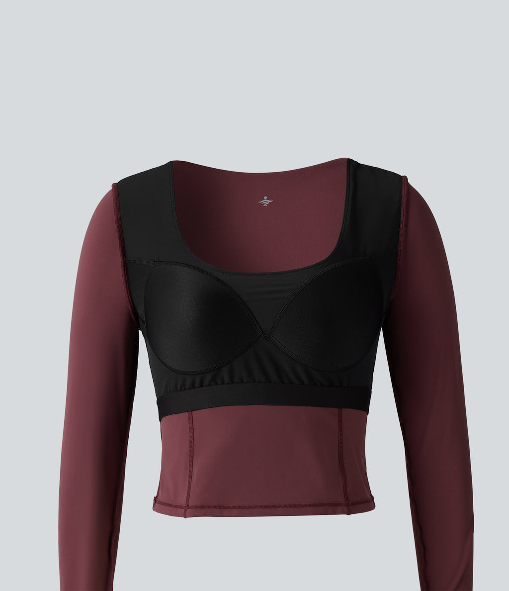 Plush Scoop Neck Push-Up Long Sleeve Thumb Hole Yoga Sports Top with Pockets — Red Mahogany — view 7
