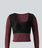 Plush Scoop Neck Push-Up Long Sleeve Thumb Hole Yoga Sports Top with Pockets — Red Mahogany — view 7
