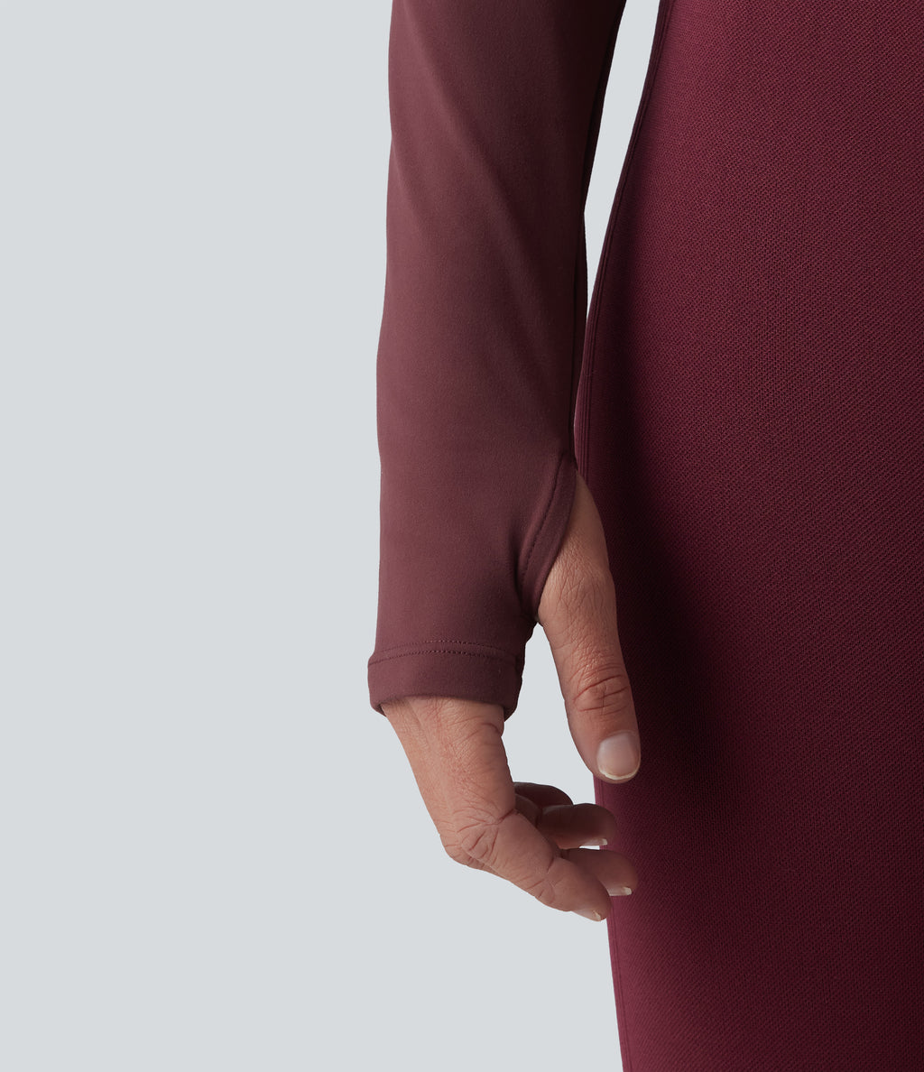 Plush Scoop Neck Push-Up Long Sleeve Thumb Hole Yoga Sports Top with Pockets — Red Mahogany — view 5
