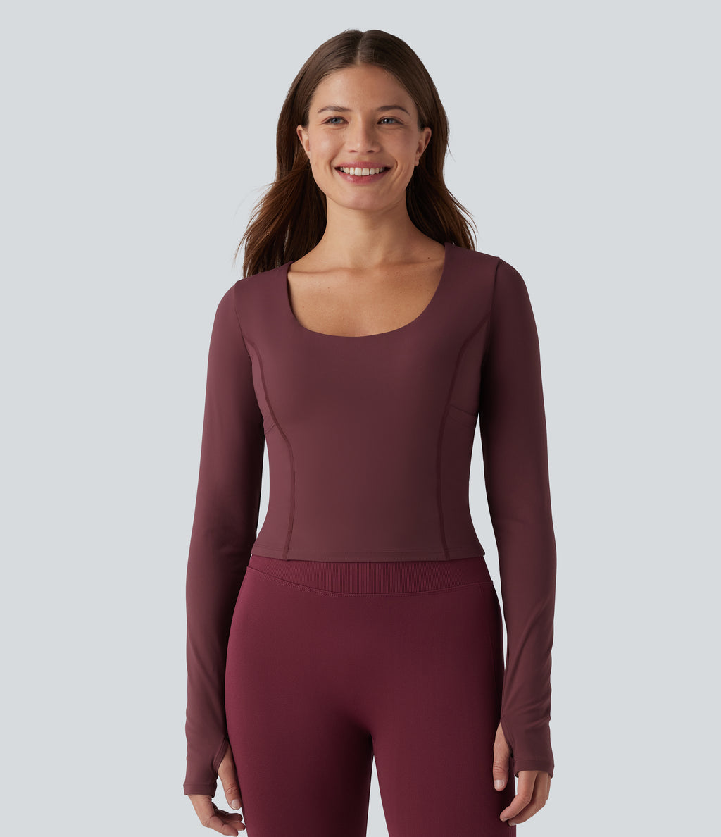 Plush Scoop Neck Push-Up Long Sleeve Thumb Hole Yoga Sports Top with Pockets — Red Mahogany — view 3