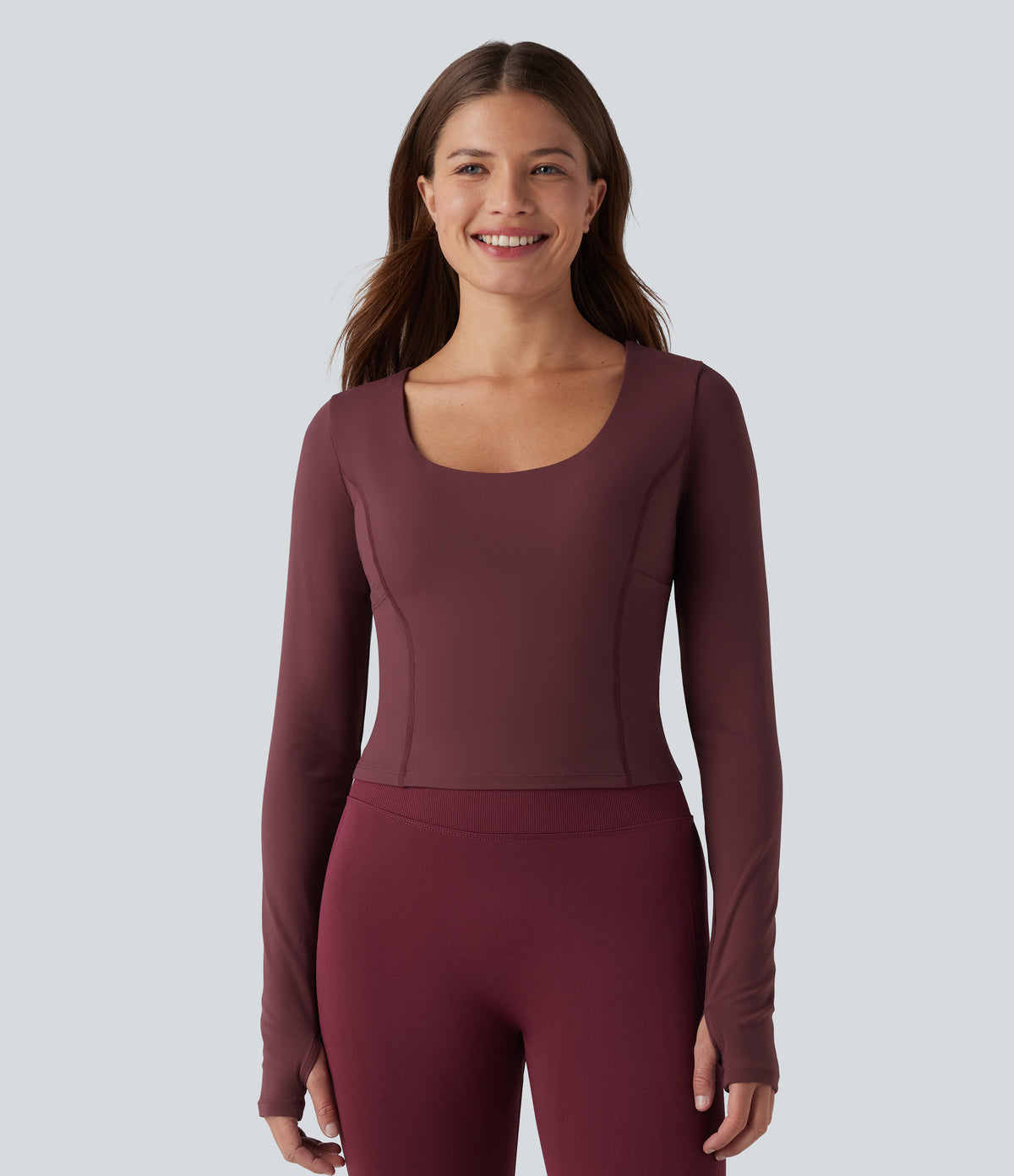 Plush Scoop Neck Push-Up Long Sleeve Thumb Hole Yoga Sports Top with Pockets — Red Mahogany — view 3