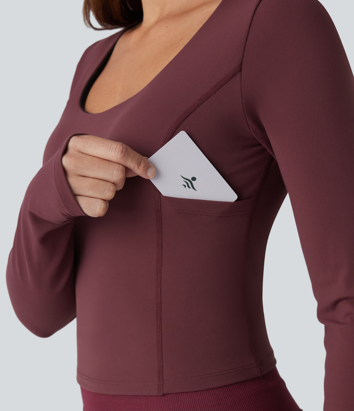 Plush Scoop Neck Push-Up Long Sleeve Thumb Hole Yoga Sports Top with Pockets — Red Mahogany — view 4