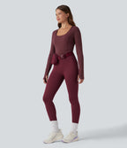 Plush Scoop Neck Push-Up Long Sleeve Thumb Hole Yoga Sports Top with Pockets — Red Mahogany — view 6