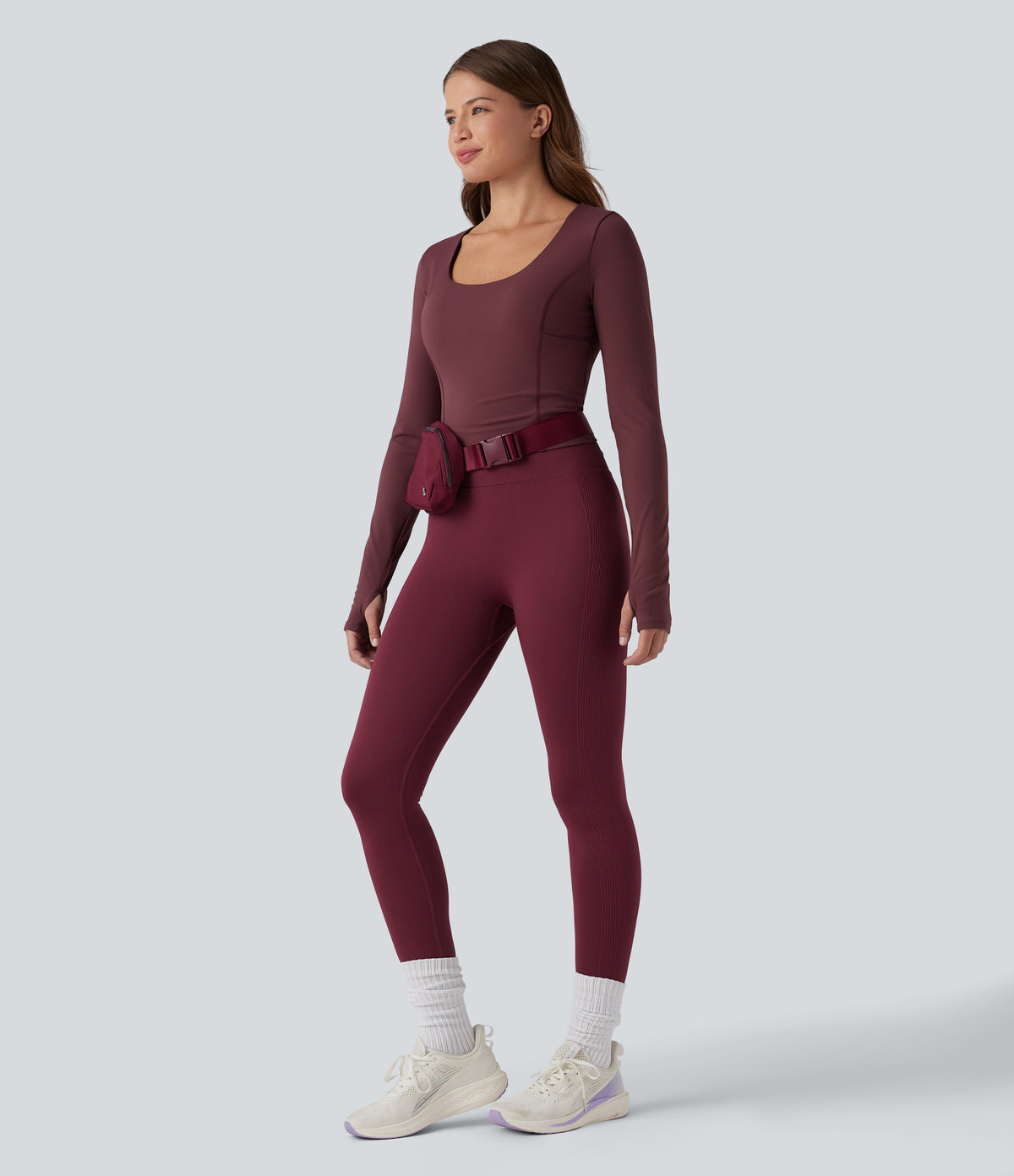 Plush Scoop Neck Push-Up Long Sleeve Thumb Hole Yoga Sports Top with Pockets — Red Mahogany — view 6