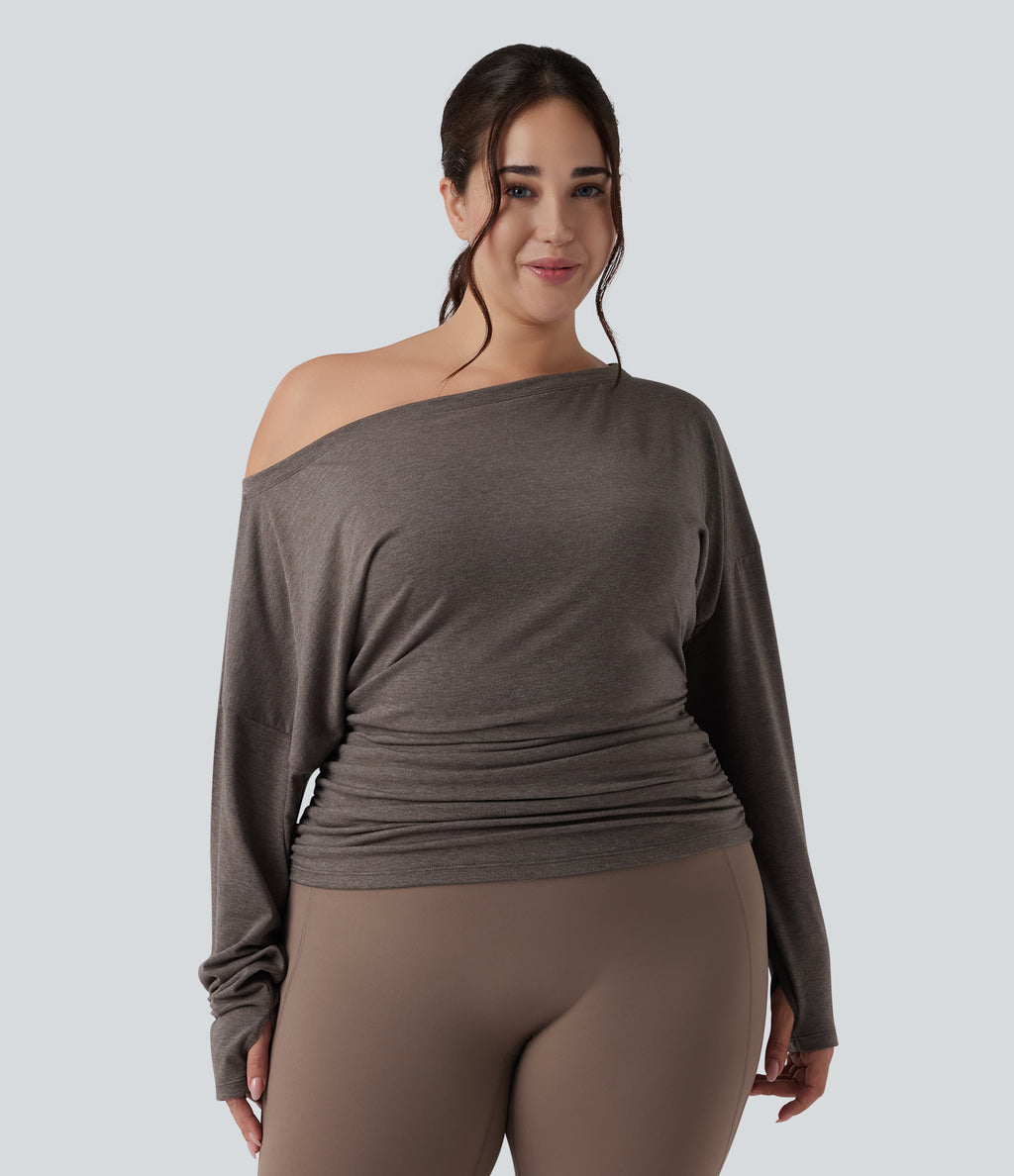 Plus Size One Shoulder Long Sleeve Thumb Hole Ruched Yoga Sports Top — Chocolate Chip — view 1