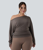 Plus Size One Shoulder Long Sleeve Thumb Hole Ruched Yoga Sports Top — Chocolate Chip — view 1