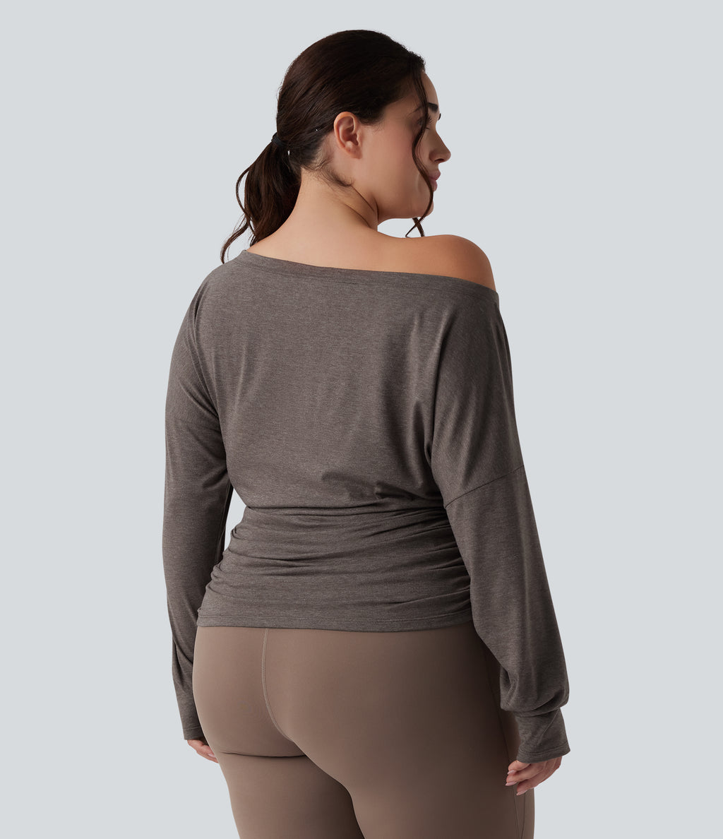 Plus Size One Shoulder Long Sleeve Thumb Hole Ruched Yoga Sports Top — Chocolate Chip — view 2