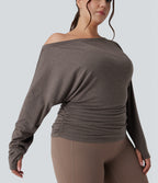 Plus Size One Shoulder Long Sleeve Thumb Hole Ruched Yoga Sports Top — Chocolate Chip — view 4