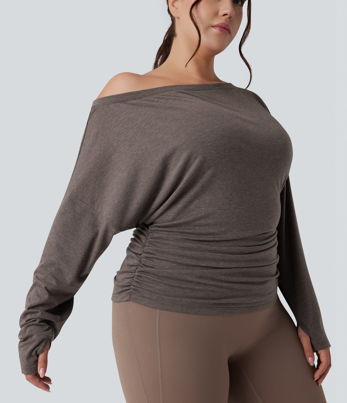 Plus Size One Shoulder Long Sleeve Thumb Hole Ruched Yoga Sports Top — Chocolate Chip — view 4