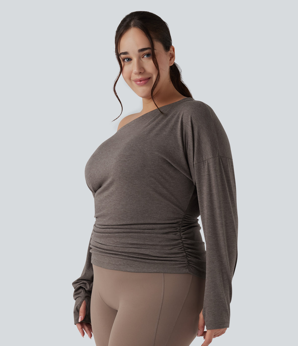 Plus Size One Shoulder Long Sleeve Thumb Hole Ruched Yoga Sports Top — Chocolate Chip — view 3