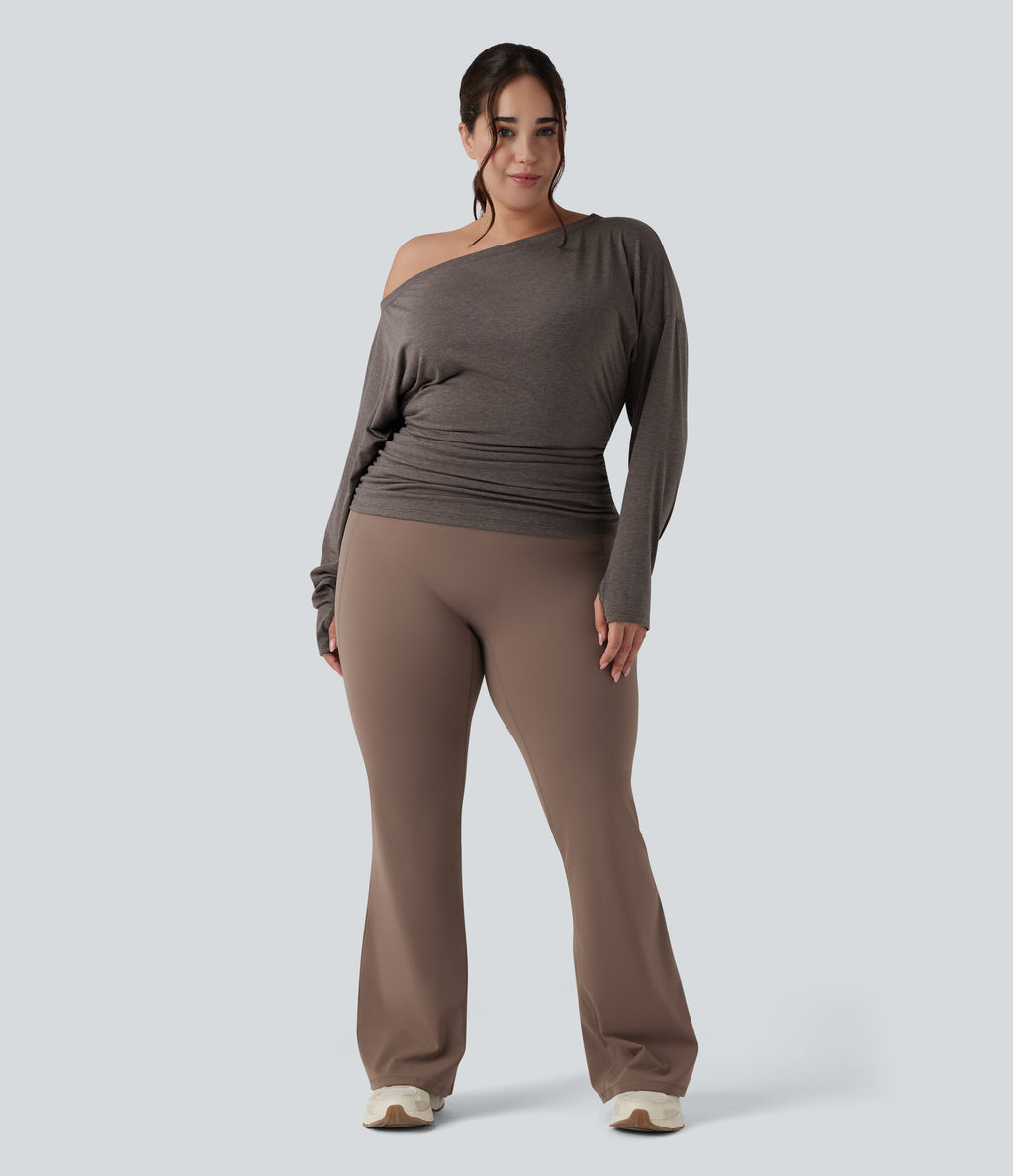 Plus Size One Shoulder Long Sleeve Thumb Hole Ruched Yoga Sports Top — Chocolate Chip — view 6