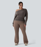 Plus Size One Shoulder Long Sleeve Thumb Hole Ruched Yoga Sports Top — Chocolate Chip — view 6