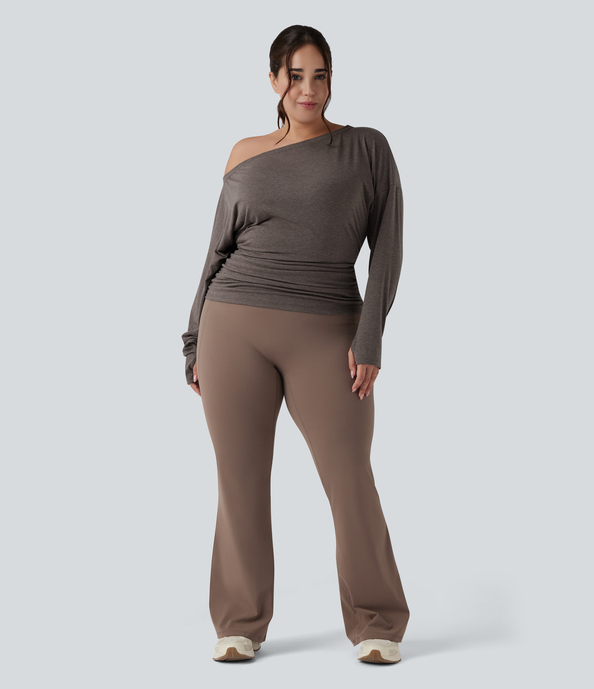 Plus Size One Shoulder Long Sleeve Thumb Hole Ruched Yoga Sports Top — Chocolate Chip — view 6