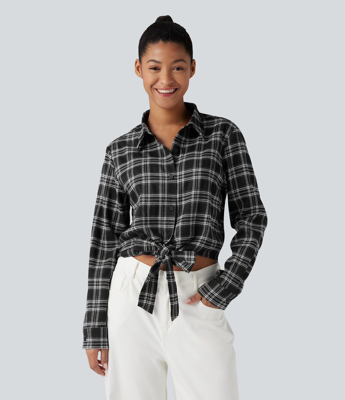 Long Sleeve Tie Front Plaid Casual Shirt — Charcoal Plaid — view 2