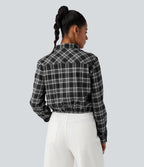 Long Sleeve Tie Front Plaid Casual Shirt — Charcoal Plaid — view 3