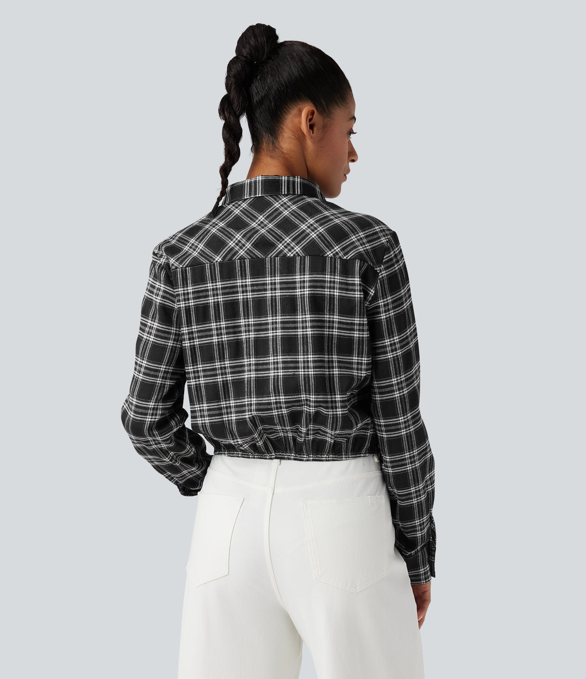 Long Sleeve Tie Front Plaid Casual Shirt — Charcoal Plaid — view 3
