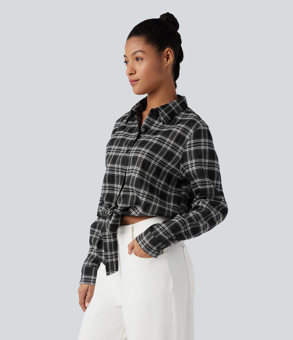 Long Sleeve Tie Front Plaid Casual Shirt — Charcoal Plaid — view 4