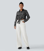 Long Sleeve Tie Front Plaid Casual Shirt — Charcoal Plaid — view 6