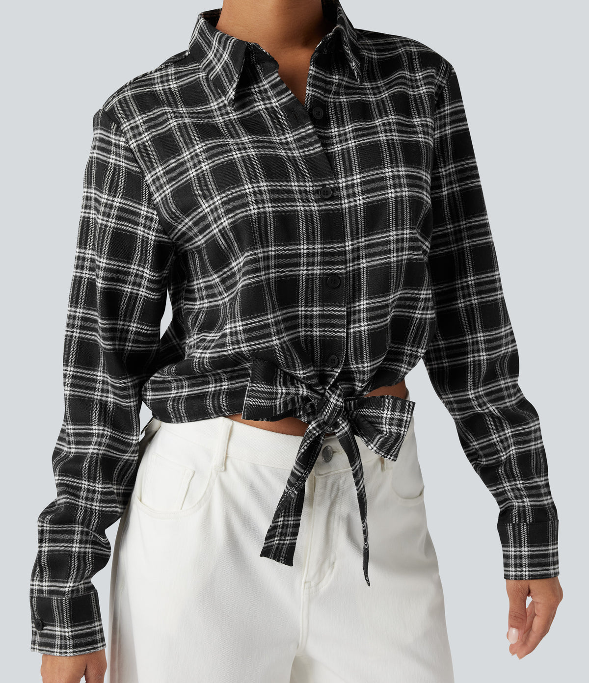 Long Sleeve Tie Front Plaid Casual Shirt — Charcoal Plaid — view 1