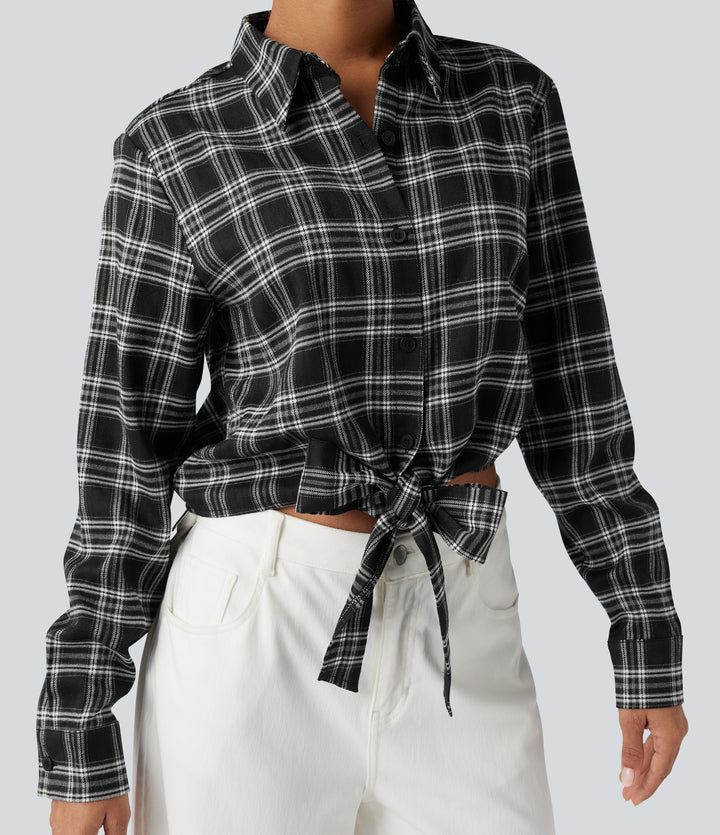Long Sleeve Tie Front Plaid Casual Shirt — Charcoal Plaid — view 1