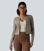 Round Neck Long Sleeve Button Fly Stripes Work Top — Sandstone Beige — view 1
