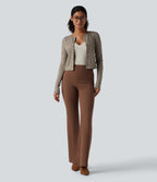 Round Neck Long Sleeve Button Fly Stripes Work Top — Sandstone Beige — view 7