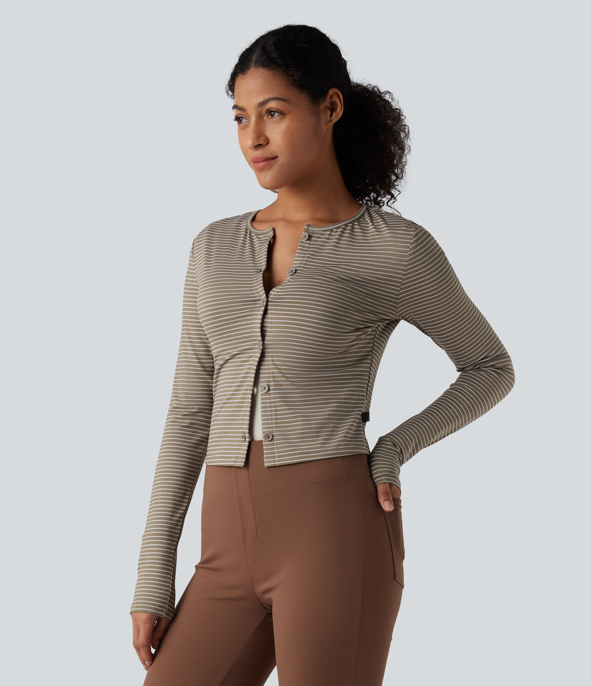 Round Neck Long Sleeve Button Fly Stripes Work Top — Sandstone Beige — view 4