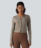 Round Neck Long Sleeve Button Fly Stripes Work Top — Sandstone Beige — view 2