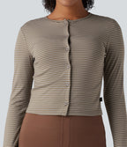 Round Neck Long Sleeve Button Fly Stripes Work Top — Sandstone Beige — view 6